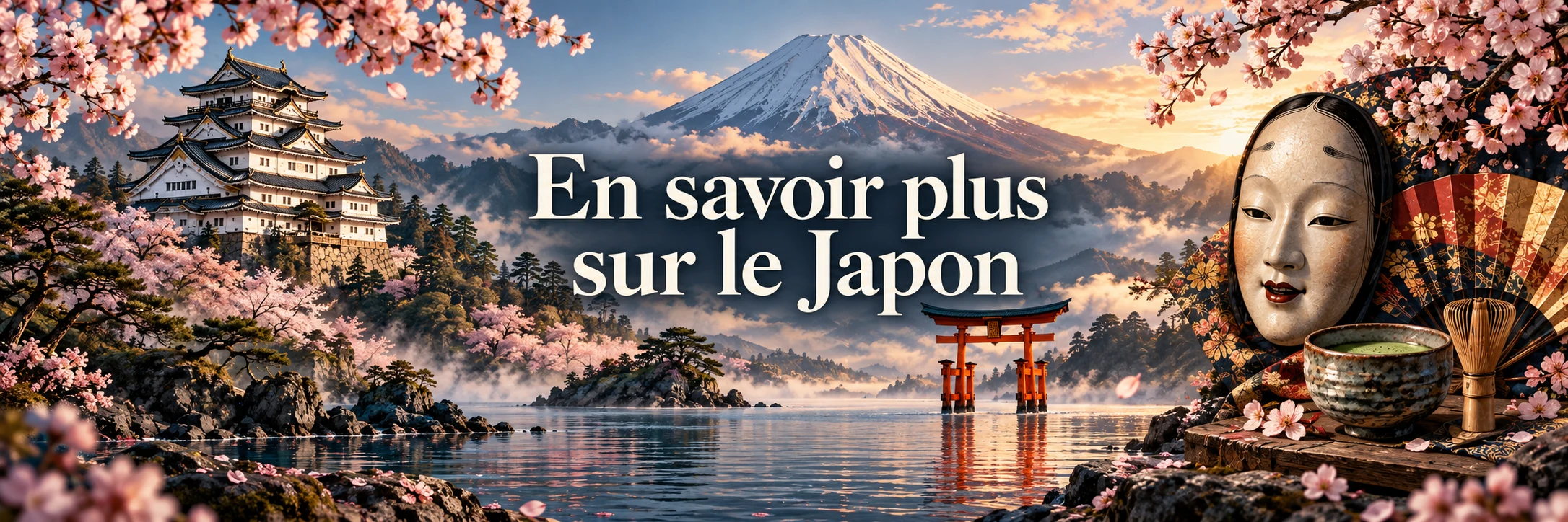 Montage illustratif du Japon : château, mont Fuji, cerisiers, torii, masque de théâtre et thé, avec le nom du projet.